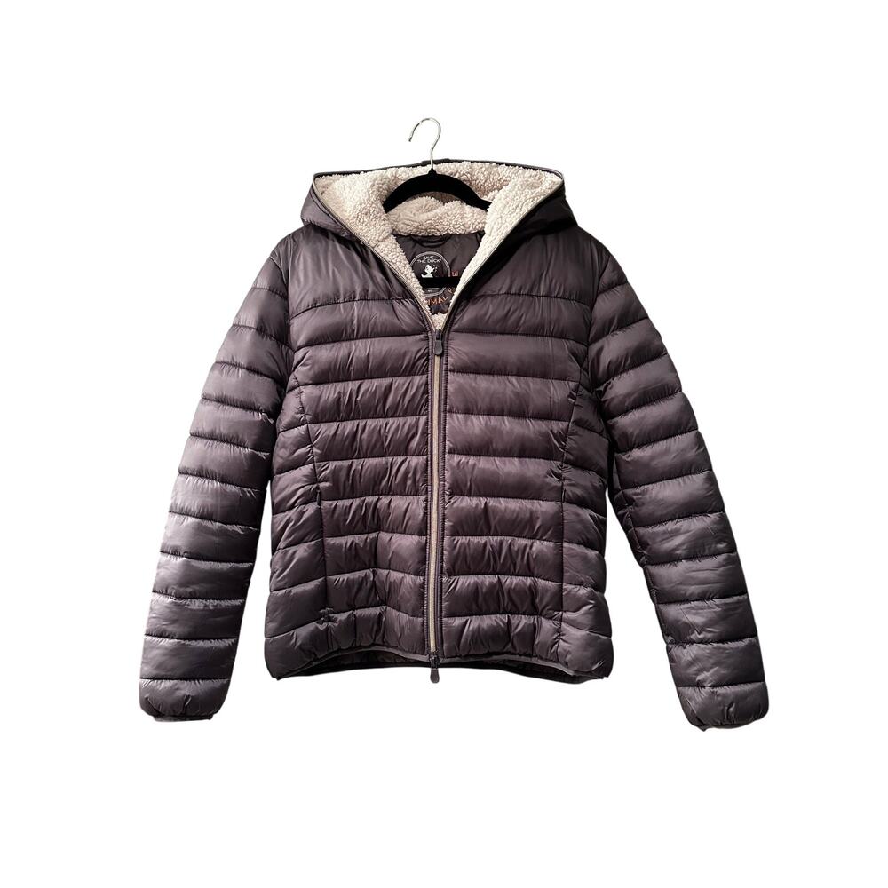 Save The Duck Elvira Hooded Puffer Jacket Purple Smoke Sherpa Lined Size L